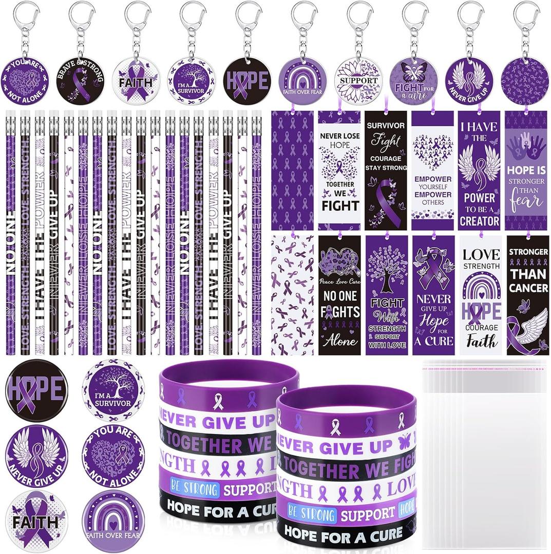 Yaomiao 210 Pcs/ 30 Sets Purple Ribbon Awareness Gift Accessories Domestic Violence Bookmark Pin Wristband Pencil Keychain Bag for Alzheimer Pancreatic Cancer Lupus Overdose Epilepsy Charity Support