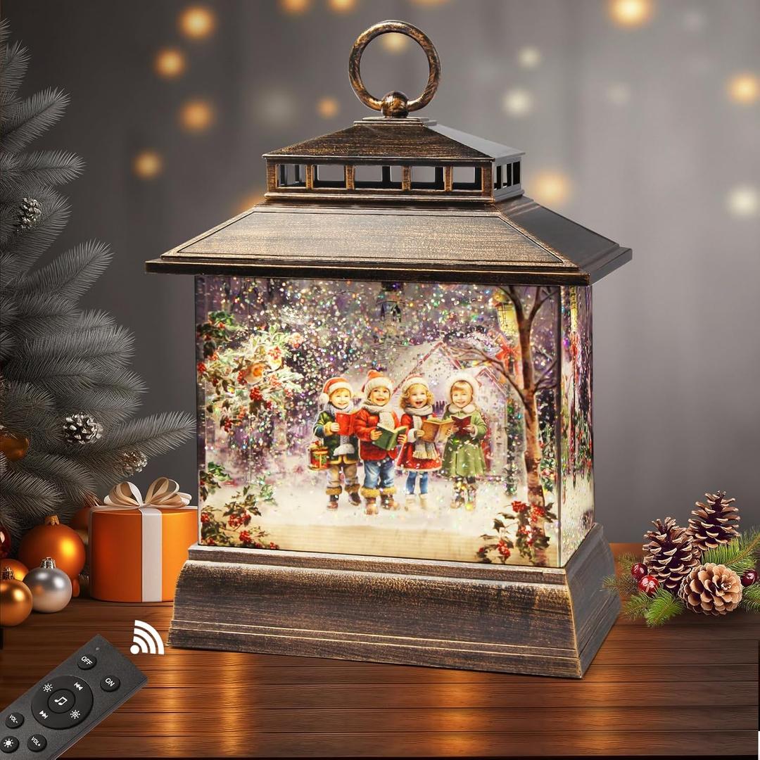 Christmas Snow Globe Lantern Water Glittering Lantern with 8 Songs & 6H Timer Romote Control Christmas Snow Globes USB & Battery Operated for Christmas Festival Decorations Gifts (Christmas Carol)