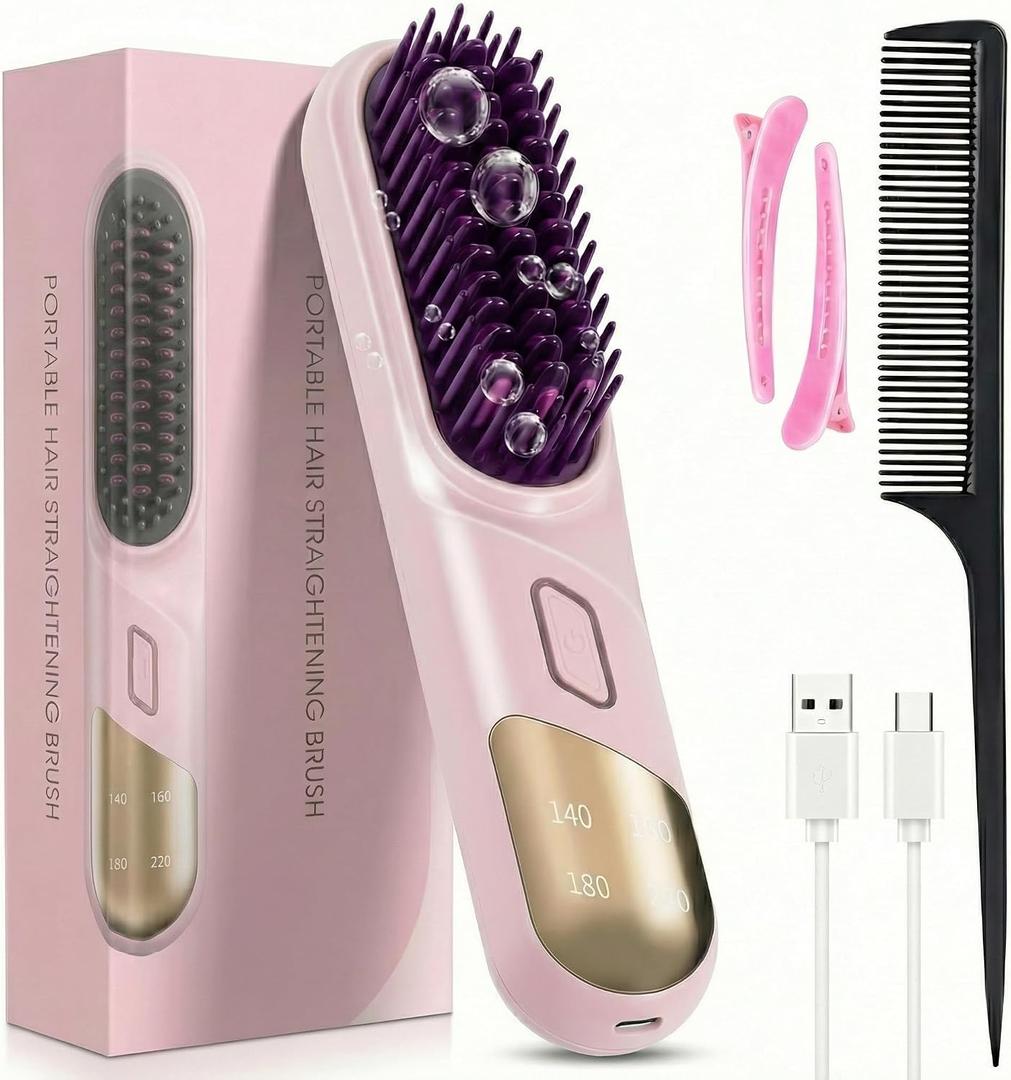 Go Brush Pro, 2026 Cordless Hair Straightener Brush 4 Adjustable Temperature 300 Million Negative Ions Portable USB Charging Travel Hair Straightener Suitable for All Hair Types (Pink)