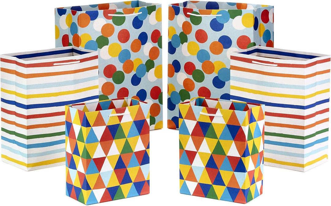 Hallmark Gift Bag Assortment - Red, Blue, Yellow (Pack of 6: 2 Medium 9", 2 Large 11", 2 Extra Large 14") Rainbow Bags for Birthdays, Baby Showers, Graduations, Fathers Day