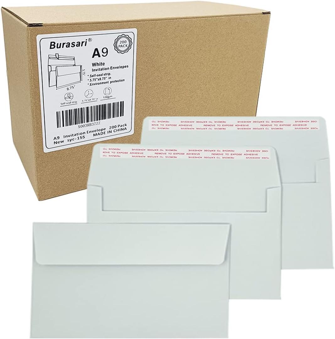 A9 Invitation envelopes200 PCS 5.75x8.75 in - windowless design 120GSM white paper envelopes with printabl quick self-seal for invitations, greeting cards, photos invoices