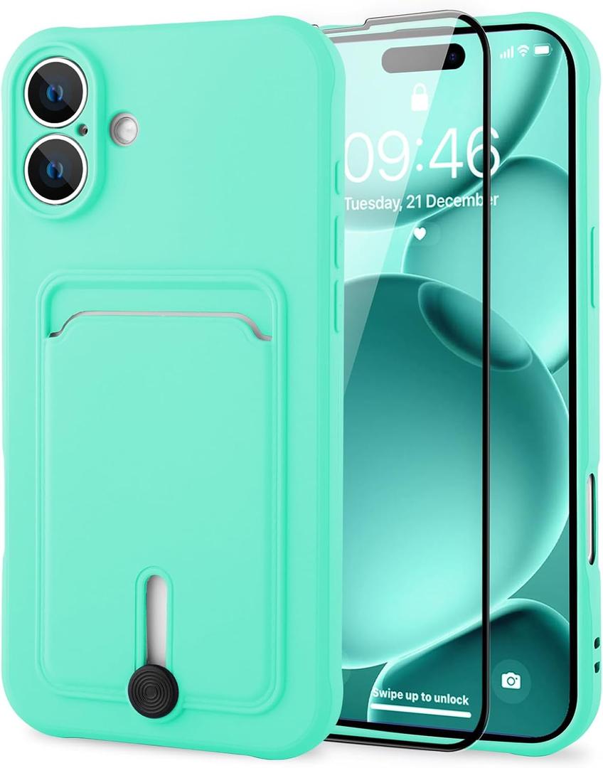 MZELQ TPU Wallet Compatible with iPhone 17 Case 2025, Card Holder Camera Protection Cover + Screen Protector, Push-able Slot for Girls Women -Green