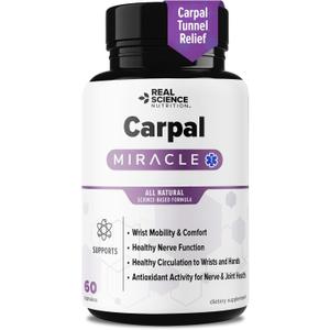 Real Science Carpal Miracle – All Natural Carpal Tunnel Relief & Wrist Support Supplement with Vitamins B6, B12, C, D, K + GABA – Hand & Nerve Comfort – Made in USA, 60 Caps