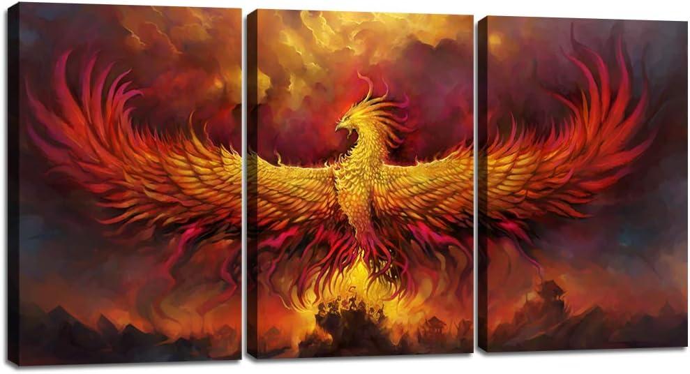 Yetaryy Fantasy Wall Art Canvas Prints Golden Red Burning Phoenix Volcanic Ancient Mystic Animal Birds Living Room Bedroom Home Decor Wall Decoration 3 Panels Wood Framed Poster - 60" W x 28" H