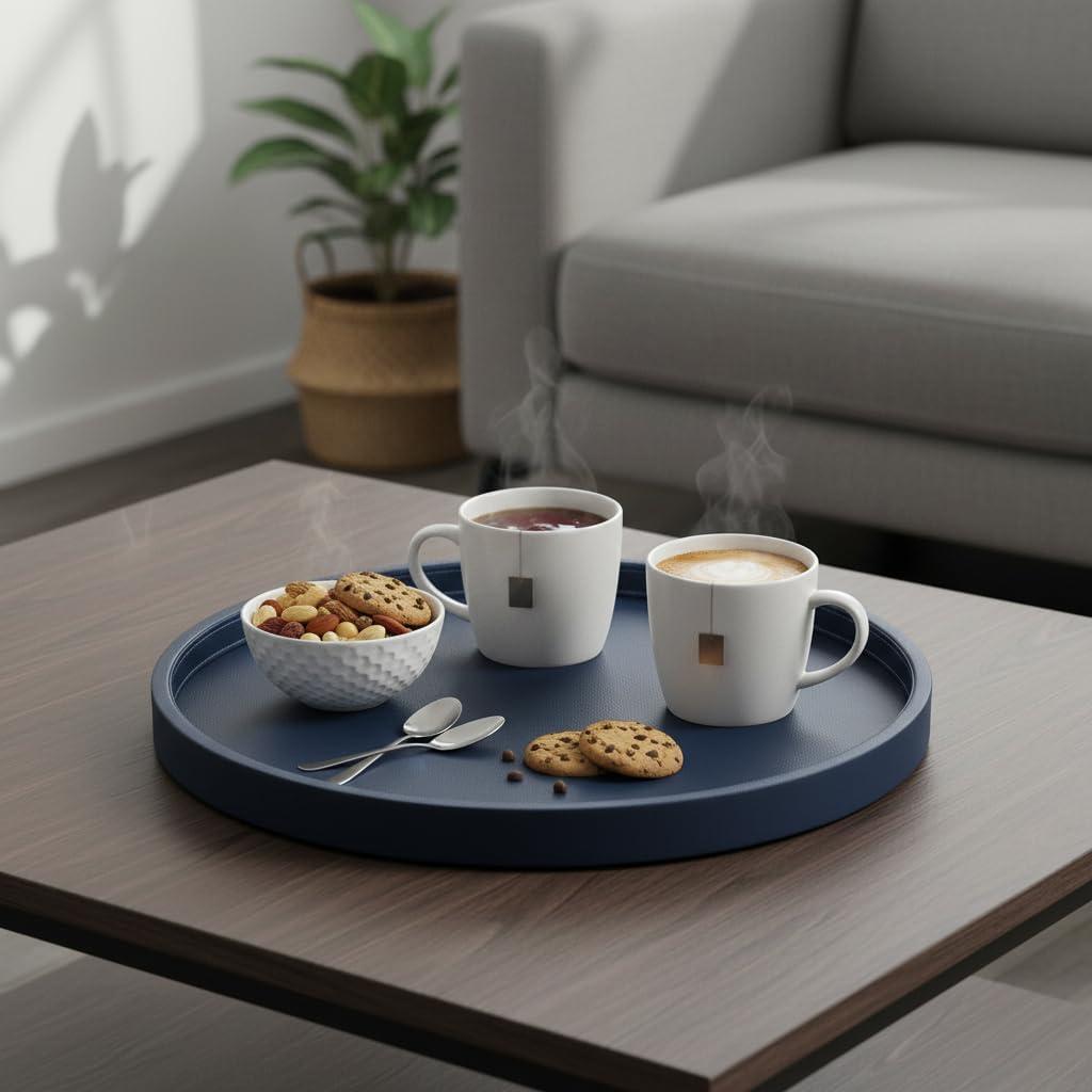 25-inch Round Ottoman Serving Tray - Textured PU Leather Coffee Table Decor, Waterproof Heat-Resistant Large Organizer for Home, Office, Bed & Party Essentials (Navy Blue, 25)
