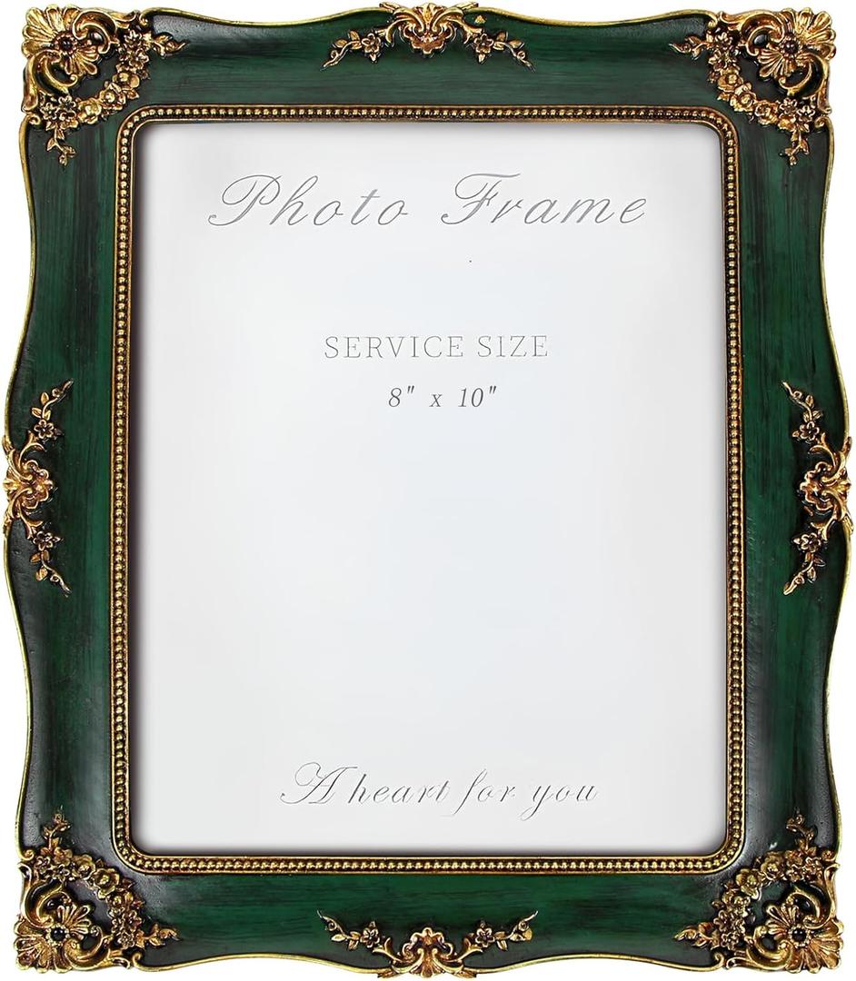 Vintage Picture Frame 8x10 Inch, Ornate Photo Frame for Wall or Tabletop Display, Antique Picture Frame with Real Glass & Hook for Home Decor - Mother's Day Birthday Gift (Green)