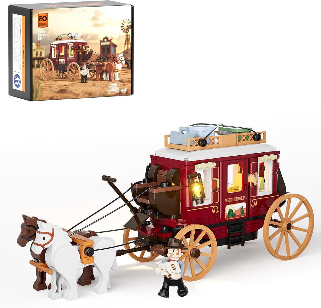 FUNWHOLE Western Stagecoach Lighting - Juego de ladrillos de construccin  Carruaje y caballo del viejo oeste 293 piezas coleccin juego de exhibicin para amantes del oeste