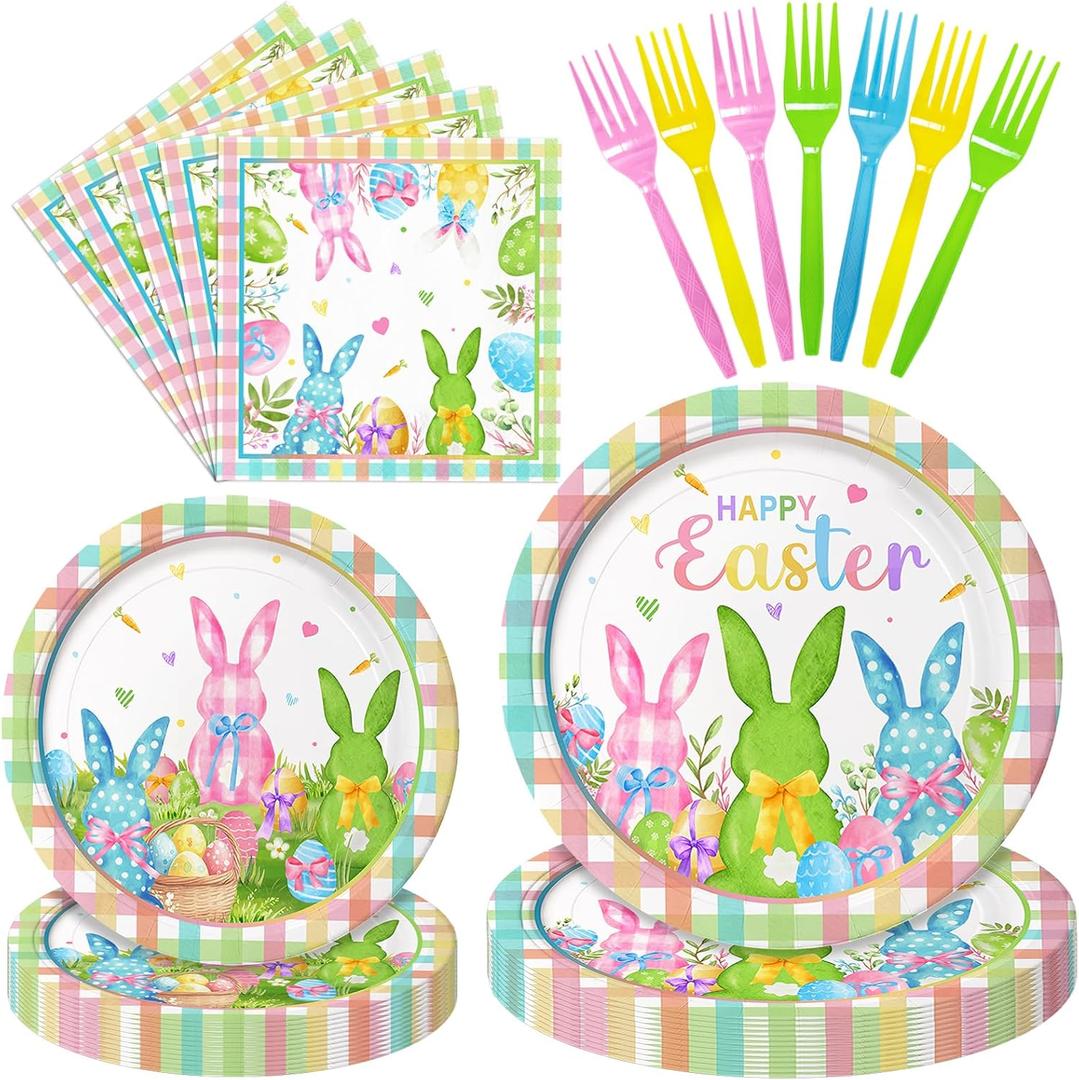 96 Pieces Easter Tableware Set Bunny Egg Disposable Plates, Napkins, and Forks with Happy Easter and Spring Designs for Holiday Dinners, Parties, and Spring Celebrations Serves 24