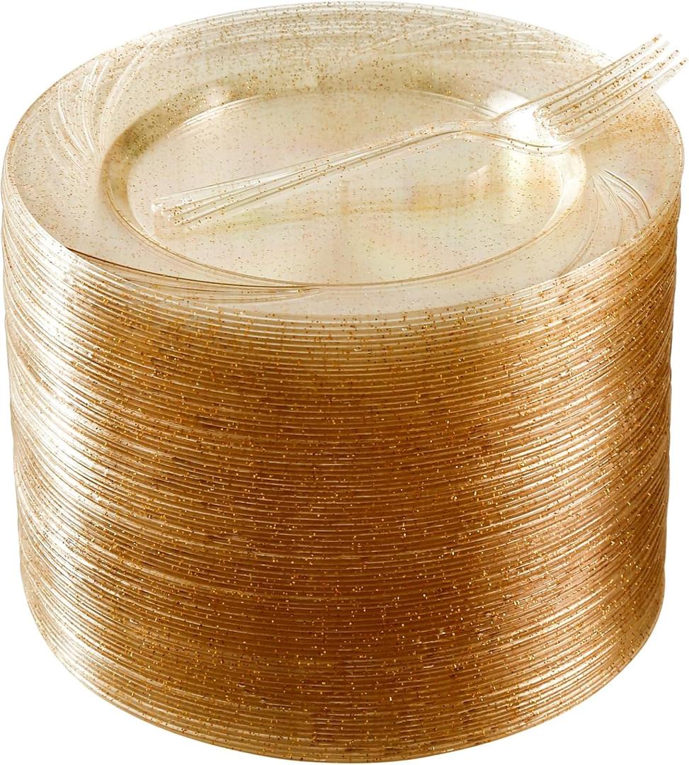 120 Pieces Glitter Gold Plates with Plastic Forks, Gold Dessert Plates for 60 Guests, Heavy Duty Gold Plates, 60pcs 6.5" Gold Plastic Plates and 60pcs Plastic Forks Disposable Plates