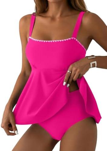 Aleumdr Tankini Swimsuits for Women Modest Two Piece Bathing Suit Square Neck Swim Top with High Waisted Bottom Large