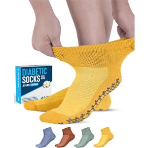 Doctor's Select Diabetic Ankle Socks with Grippers for Men and Women - 4 Pair 1/4 Length Neuropathy Socks for Women (Large)