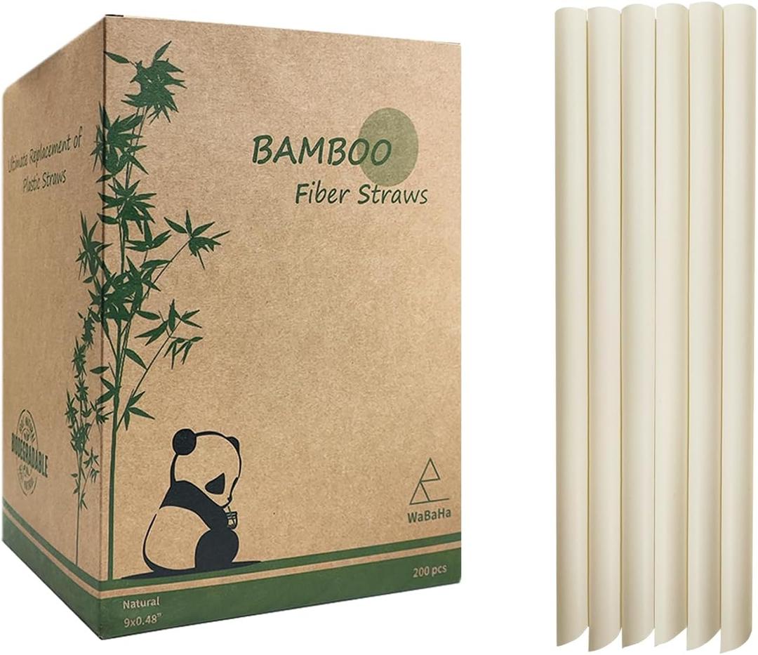 Biodegradable Jumbo Smoothie Straws, Bamboo Fiber Boba Straws, Extra Wide Bamboo Drinking Straws for Bubble Tea, Milkshakes and Jumbo Drinks (12x230mm, 200 Pack)