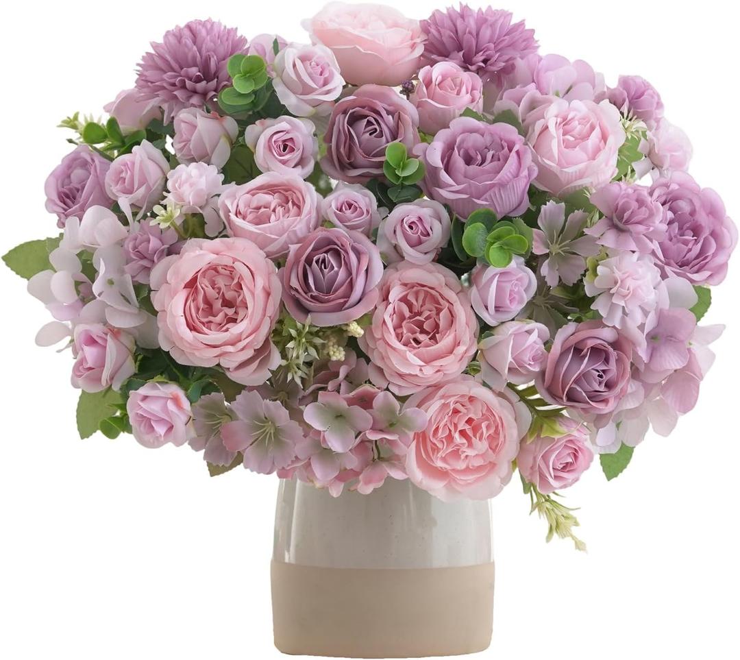 8 Pcs Mixed Artificial Peony Flowers Set-4 Bouquets & 4 Stems, Purple Fake Peony Rose Hydrangea Flower for Vase Silk Floral Arrangement for Table Centerpiece Wedding Party Bridal Decoration Home Decor
