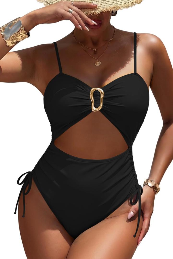 Viottiset Women's Cut Out Drawstring One Piece Swimsuit Cheeky High Cut Bathing Suit (Medium, Black)