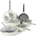 Sur La Table Kitchen Essentials 10 Piece PFA Free Non-Toxic Titanium Ceramic Nonstick Interior Forged Aluminum Cookware Pots and Pans Set - Linen White - Induction Compatible