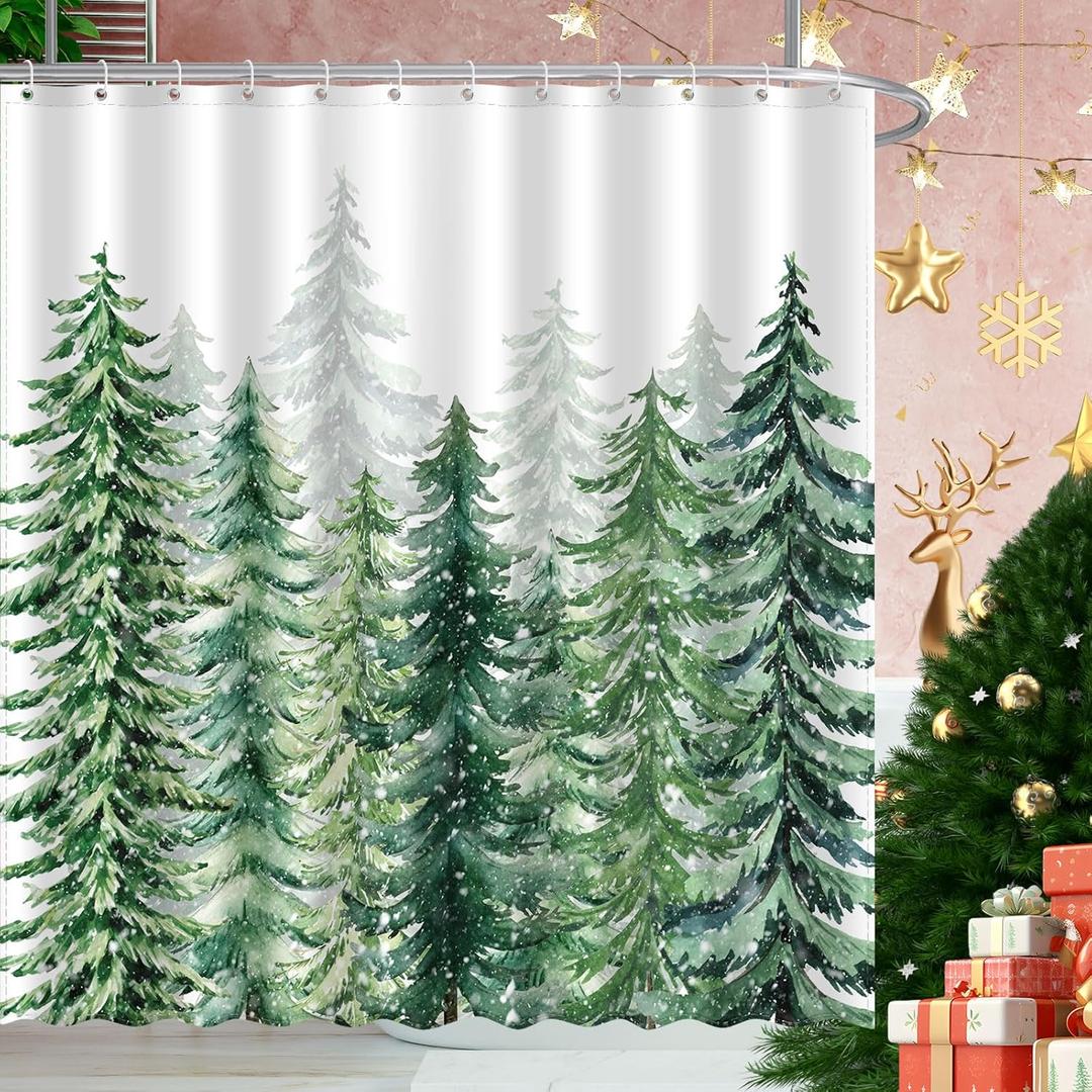 ACZHHZC Christmas Snowy Forest Shower Curtain, Winter Xmas Pine Tree Snow Home Holiday Bathroom Decor, Polyester Cloth Fabric Bath Curtain with 12 Hooks 72" W x 72" L