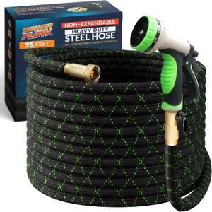 PowerFlow Garden Hose, NON-EXPANDABLE 75 Feet Premium Quality Stainless Steel Metal Water Hose with Durable Fabric Skin, Hose For Commercial, Residential Use, Bonus 10-way Spray Nozzle (75 Ft, Black)