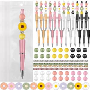 Colarr 24 Sets Plastic Beadable Pens DIY Pens Making Kit Assorted Wood Beads Crystal Spacer Black Ink Ballpoint for Women Crafts Office Family Gifts(Daisy)