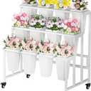 Flower Display Stand with 12 Buckets, 3 Layers Flower Bar, White Metal Plant Stand with Wheels, Heavy Duty Flower Cart for Indoor Outdoor Patio Garden Wedding Florist, White Metal Frame