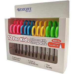 Westcott Right- & Left-Handed Pointed Scissors for Kids Ages 6+, Durable Stainless Steel Blades, Back to School Supplies, Classroom Scissors, Includes Storage Rack, 5-Inch, 12 Pack, Assorted Colors