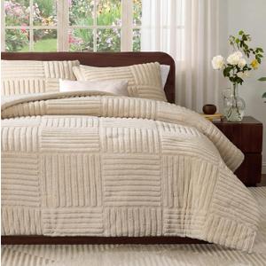 Amlie Home Queen Comforter Set with Stripe Jacquard Design in Khaki, Super Warm Fluffy Plush Bedding Set for Winter, 3 Pieces Including 1 Soft Comforter and 2 Pillowcases