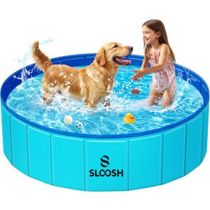 Sloosh Foldable Dog Kiddie Pool - Portable Hard Plastic Doggie Swimming Pool, Anti-Slip Collapsible Pets Bath Tub Suitable for Kids Indoor Outdoor Backyard Use (48" x 12", Blue)