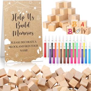 125 Pcs Baby Shower Decorate a Block Game Set Includes Help Us Build Memories Sign 100 DIY Blank Wooden Block 24 Paint Marker Prize for Wedding Baby Shower Game(Cloud)