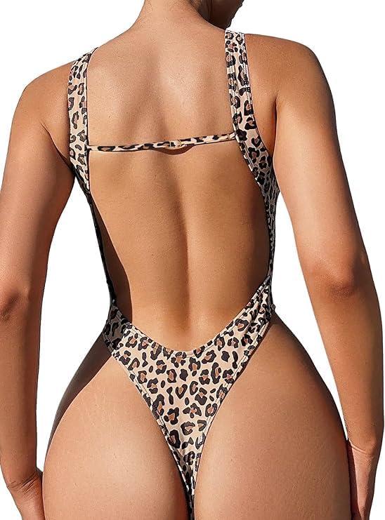 Sexy Backless Cheeky High Cut Leg Thong V Neck One Piece Swimsuit (Large, Leopard)