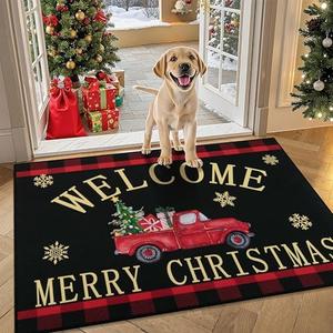 Ileading Christmas Door Mat 32"x48", Christmas Doormat Indoor Outdoor, Washable Non Slip Welcome Mats for Entrance, Buffalo Plaid Front Door Mats, Low Profile Floor Carpet for Xmas Holiday Decor