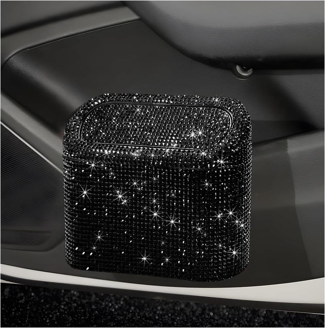 NYTKL Bling Car Trash Can with Lid, Sparkly Mini Crystal Litter Container Auto Hanging Dustbin, Leakproof Plastic Trash Bin Rhinestone Garbage Storage Organizer for Car Home Office (Black)
