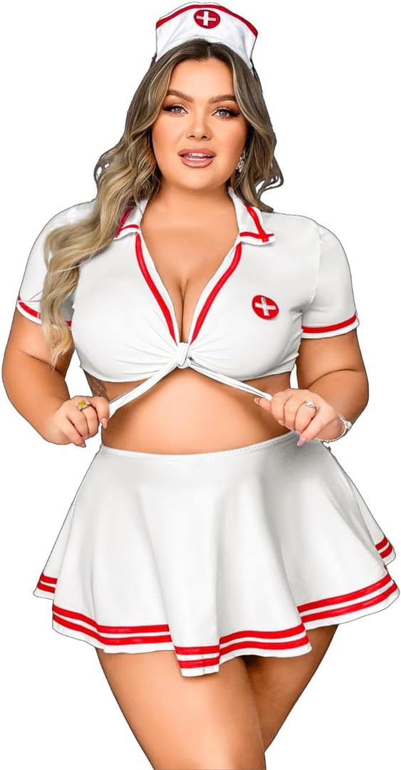 Kaei&Shi 4 Piece Plus Size Cosplay Outfit,Nurse Costume For Curvy Women,Halloween Outfits (3X-Large, White)