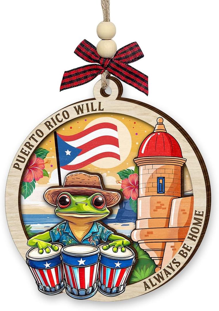 2 x Puerto Rico Christmas Ornament 2025 - Puerto Rico Gifts for Men, Women, Travel Souvenir Gifts for Mom, Dad, and Friends - 2 Layered Wooden Coqui Frog Ornament for Christmas Tree