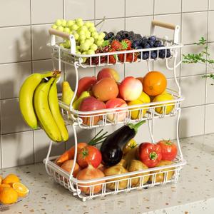 3-Tier Fruit Basket Bowl for Kitchen Countertop with 2 Banana Hanger,Detachable Fruit Vegetable Stand Storage Rack Organizer for Bread Veggies Snack (White)