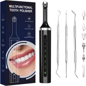 Plaque for Teeth Whitening Tools Electric Tartar Polishing Cleaning Kit with LED Light 5 Speed Modes with 5 Replacement Brush Heads (Black)