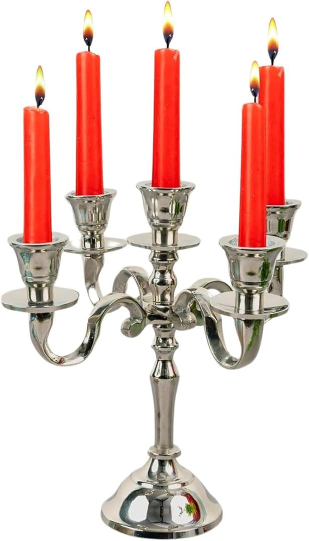 Rely+ 5 Arm Baby Candelabra Silver Glossy 8 Inch Taper Candle Holders Gothic Decorations Candlesticks Holder Home Decor Wedding Parties Centerpiece for Dining Table