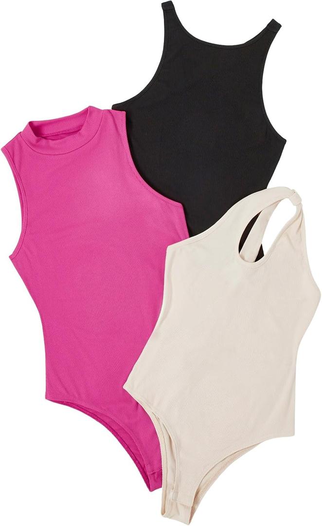 WDIRARA Women's 3 Pack Outfit Set Solid Color Sleeveless Casual Bodysuit Shirt (XL)