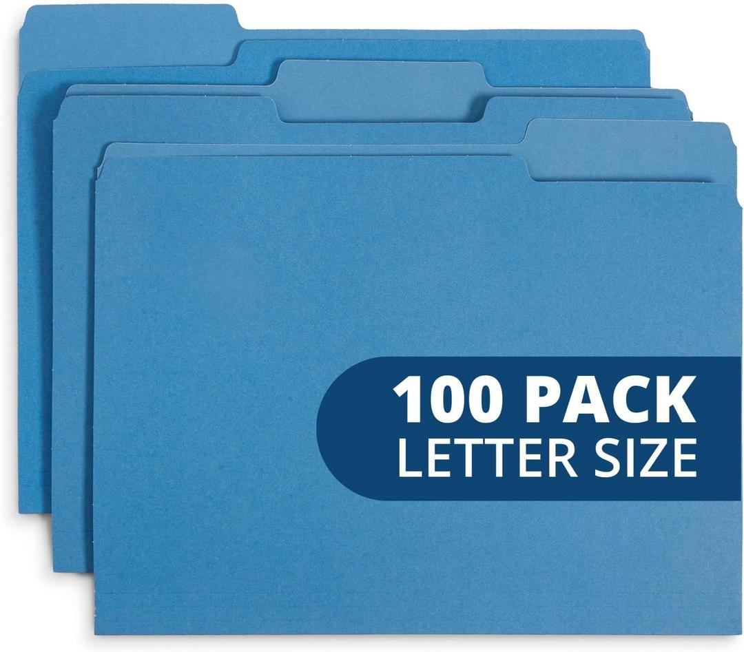 File Folder, 1/3 Cut Tab, Letter Size, Blue, Great for Organizing and Easy File Storage, 100 Per Box