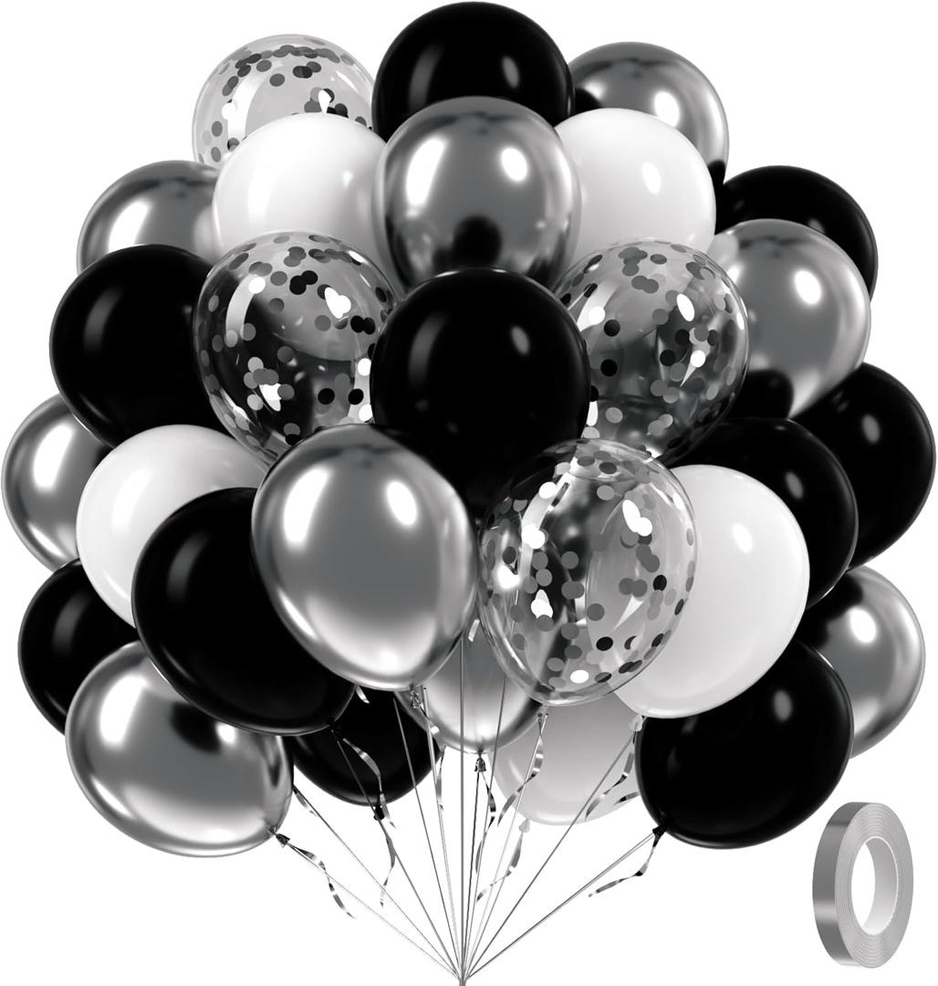 60pcs Black and Silver Balloons 12inch, Black and White Balloons with Metallic Silver Confetti Balloons for Baby Shower Wedding Birthday Graduation Party Decorations