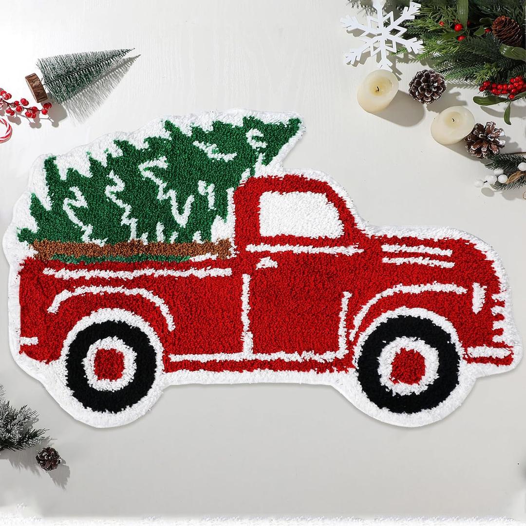 Tinideya Christmas Bathroom Rugs, Water Absorbing Bath Mat with Non Slip Backing Xmas Decorative Doormat for Winter Christmas Kitchen Floor Home Decoration(Truck,27.56 Inch) (9" x 11" (Rectangular))
