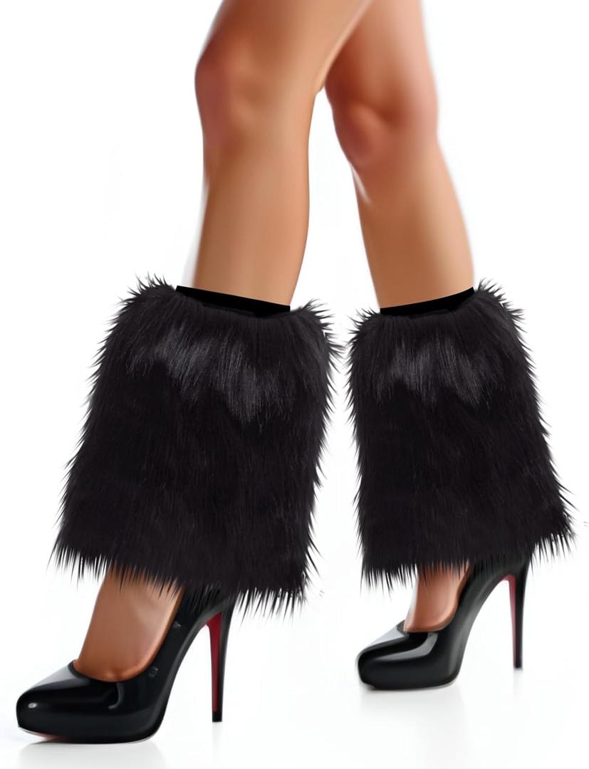Barelove Women's Faux Fur Leg Warmers, Plush Soft Furry Fluffy Winter Long Boot Cuff Wrist Covers Boots Sleeves (Black, 7.9)
