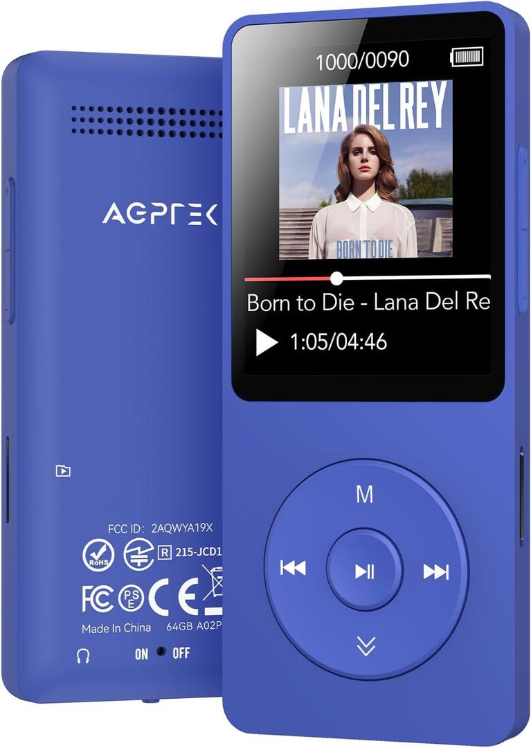 AGPTEK A02 MP3 Player with Bluetooth 5.3, 1.8 inch Screen Portable Music Player with Speaker, FM Radio, Voice Recorder, Supports Expanded Up to 128GB(Blue, 64GB)