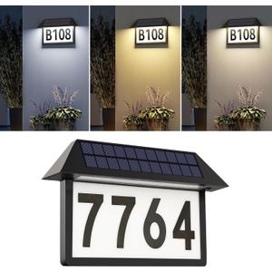 Solar Address Sign, Lighted House Numbers Waterproof, 3-Color Lighting Modes LED Illuminated Address Plaque, Wall Mount Address Number for Home
