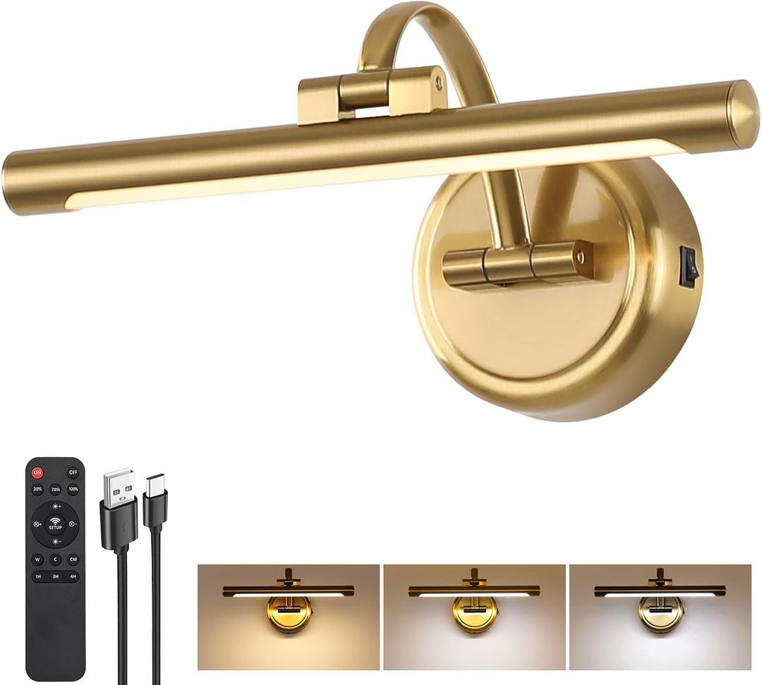 Rechargeable Picture Light for Wall, Dimmable Art Lights for Painting, Battery Operated Wall Sconce with Remote, 3 light Color,Timer & Brightness Setting for Artwork, Gallery(Brass, 12inch)