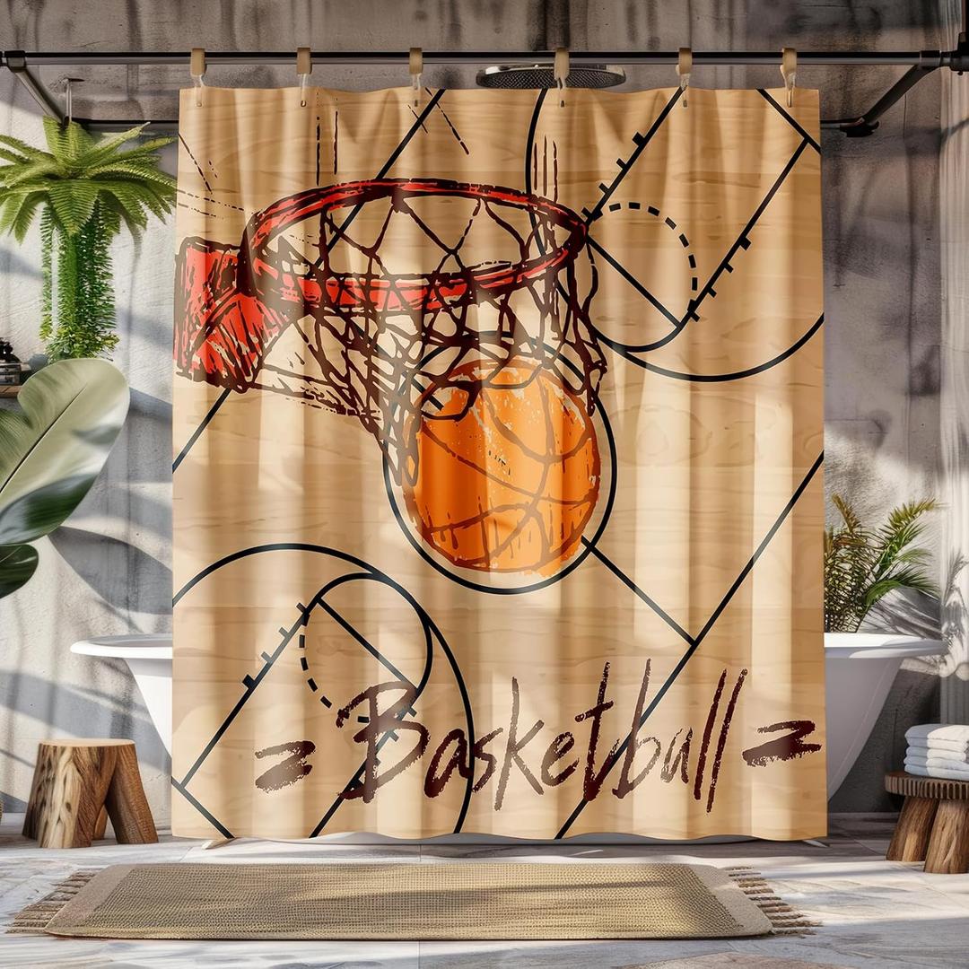 Peopleareok Basketball Shower Curtain for Boys, Basketball Boys Theme Sports Shower Curtain Mens Waterproof Polyester Bathroom Home Decor Set with 12 Hooks, 72" W x 72" L