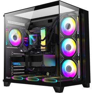 RUIX OV403 ATX Mid-Tower PC Case, Pre-Installed 4 x 120mm Prism ARGB PWM Fans and Graphics Card Holder, Three-Sided Tempered Glass Panels, USB 3.0 & Type-C Ports, Gaming Computer Case - Black
