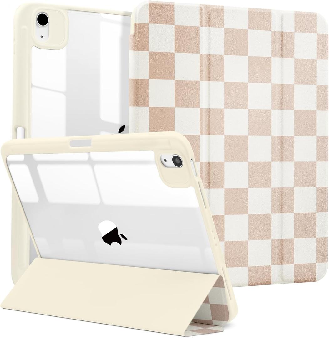 MrARTIST for iPad Air 11 Inch Case M3/M2 - Air 5th/4th Generation 10.9" Cute Women Girls Girly Kawaii Aesthetic Kawaii Design for Apple Air Tablet Cover with Pencil Holder, Khaki Checkered