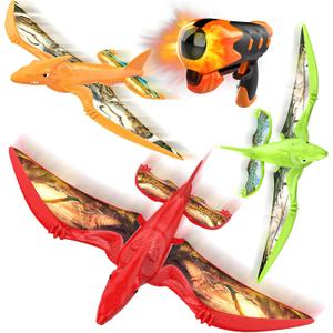 3 Pack Dinosaur Airplane Launcher Toys for Kids, Foam Airplanes for Kids Boys Toys with Stickers, Outdoor Flying Toys Birthday Gifts for 4 5 6 7 8 9 10 12 Year Old Boys Girls. (Red&green&orange)