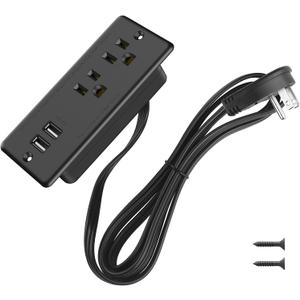Recessed Power Strip Flat Plug, Desk Outlet with USB, ETL Listed Conference Recessed Power Outlet Socket with 2 AC Plugs, 2 USB Ports Connect with 10ft Power Cord for Furniture, Home, Office(Black)