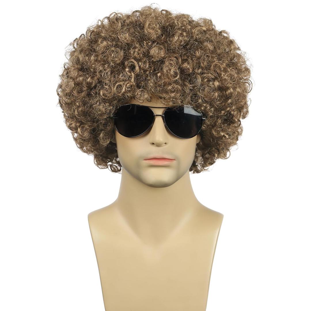 karlery Men Women Unisex Short Curly Golden Brown Afro 70s 80s Funny Disco Rocker Wig Heat Resistant Synthetic Fiber Soft Cosplay Costume Halloween Party Wig