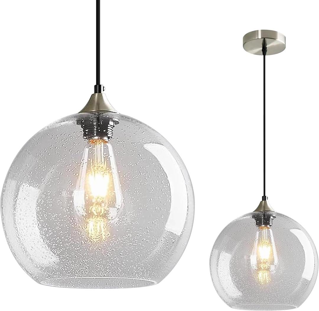 Mikeru Glass Globe Pendant Light Single, 9.85 Inch Clear Bubble Glass Hanging Lamp, Mid Century Modern Pendant Lighting for Kitchen Island Dining Room Bedroom (Bulb Not Included)